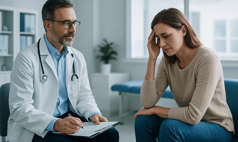 Doctor consulting with a woman patient in a medical office.