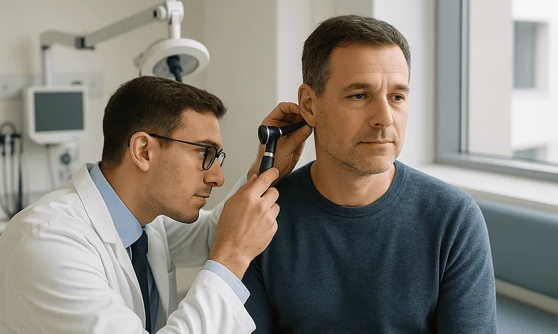 ENT specialist examines a patient's ear with an otoscope in a clinic.