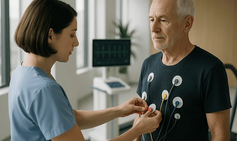 Doctor attaching electrodes to a patient's chest for heart monitoring.
