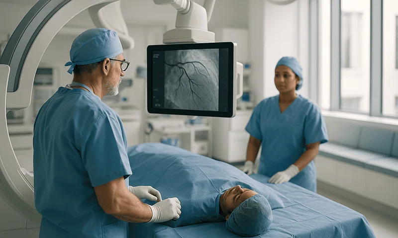 Cardiologist and nurse monitor heart imaging during surgery at Acibadem Hospital.