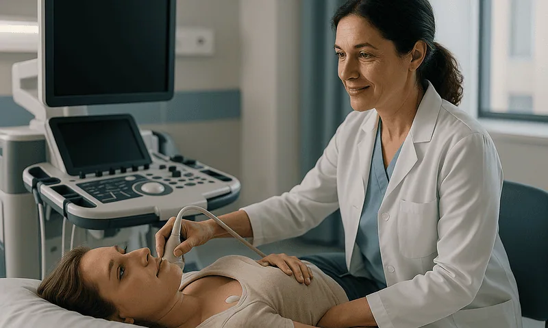 Doctor performing an ultrasound on a patient in a hospital room.