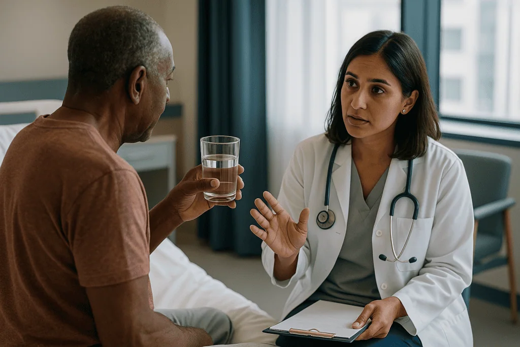 Doctor consulting patient with water glass indoors: Heart failure and kidney disease: why one organ drags the other down