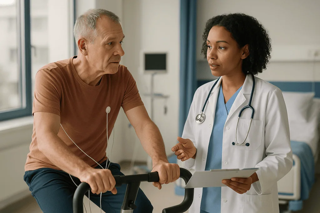 Doctor consulting patient on exercise bike during assessment: Heart, lung and fitness checks: the pre-operative assessment