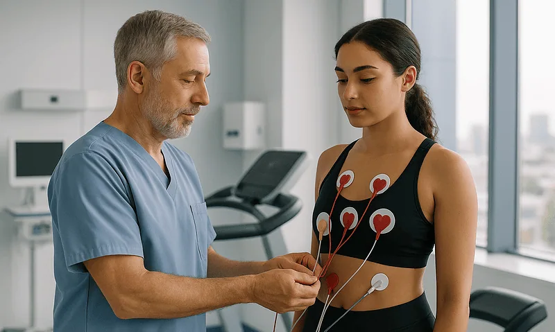 Doctor performing an ECG test on a young woman in a medical clinic.