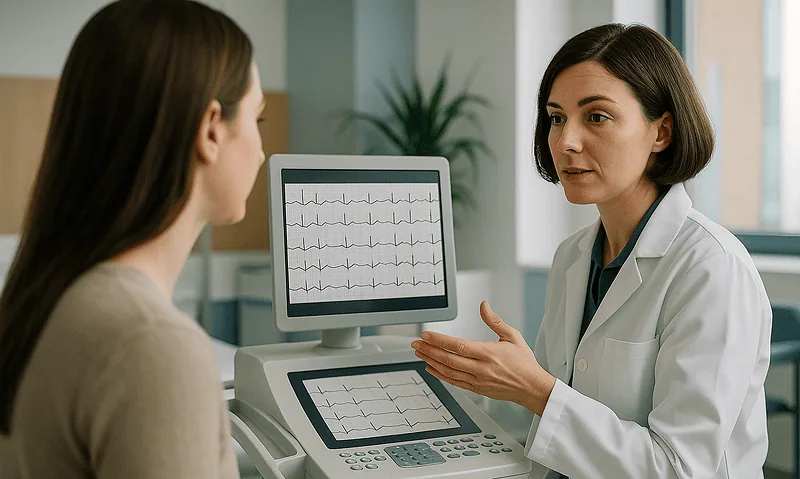 Doctor explaining heart monitor results to patient in a medical consultation.