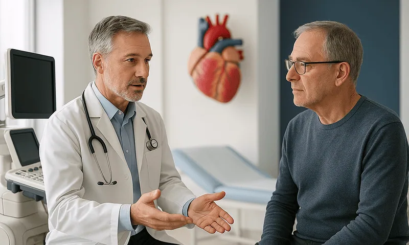 Cardiologist consulting with a patient about heart health in a hospital room.
