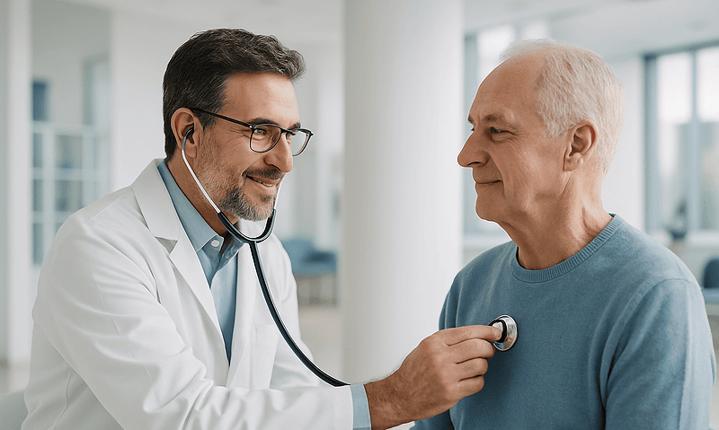 Doctor examining senior patient with stethoscope in hospital setting.