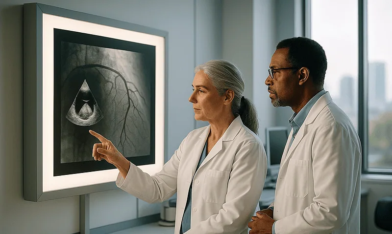 Doctors analyzing an ultrasound image of the heart in a hospital setting.