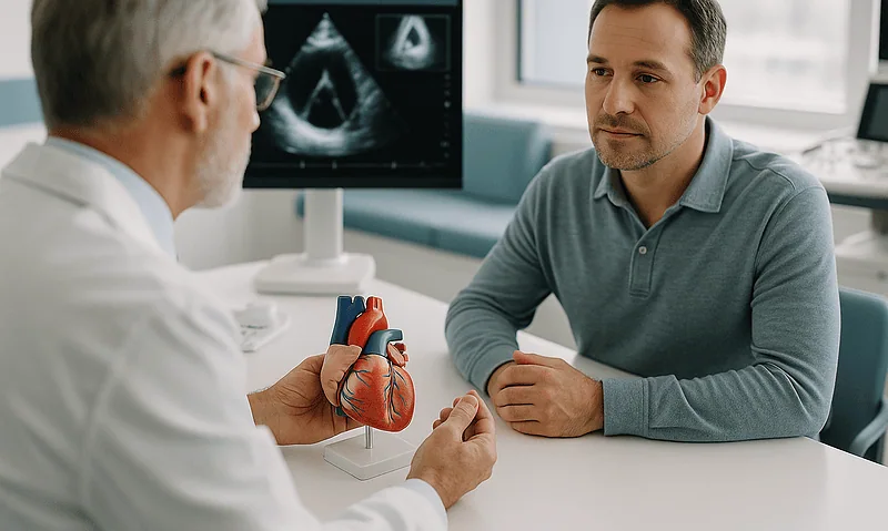 Cardiologist explaining heart valve issues with 3D heart model and ultrasound image.