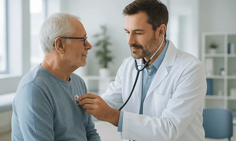 Doctor examining an elderly male patient with stethoscope in hospital.