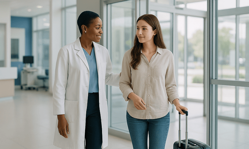 Healthcare professional and patient at hospital entrance with luggage.