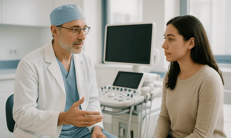 Doctor consulting with a young female patient in a medical office.