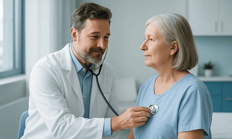 Doctor examining an elderly woman after heart valve surgery in a hospital.