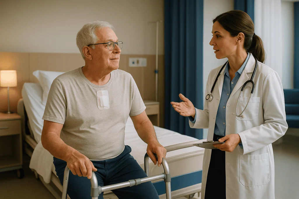 Doctor consulting elderly patient with walker in hospital room: Heart valve surgery recovery time at a glance