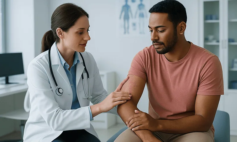 Doctor examining a patient's arm in a medical clinic setting.