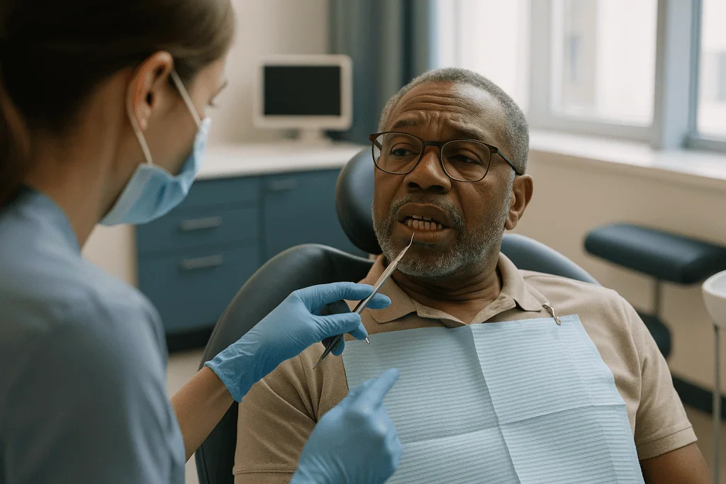 Dentist examining patient's mouth with mirror and tools: Heavy tartar: why the first cleaning after years away feels differe