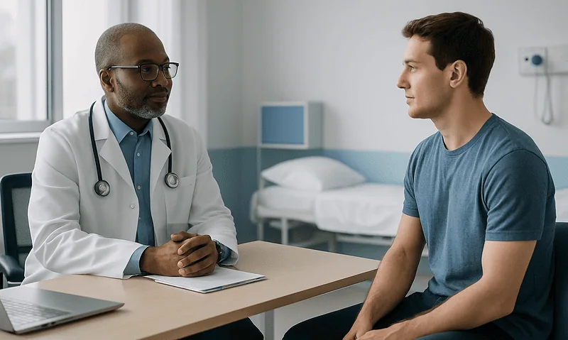 Doctor consulting with a young male patient in a hospital room.
