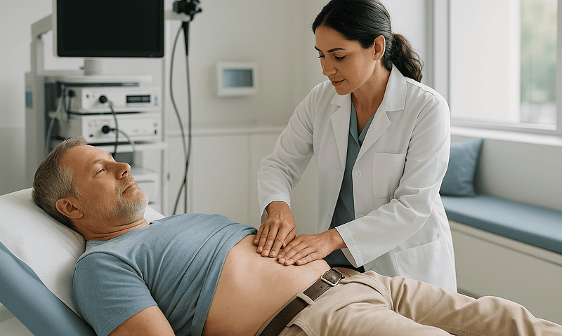 Doctor examining a patient in a hospital room for Helicobacter pylori testing.