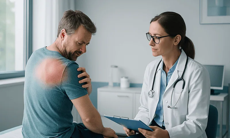 Doctor examining patient's shoulder for skin issues or pain.