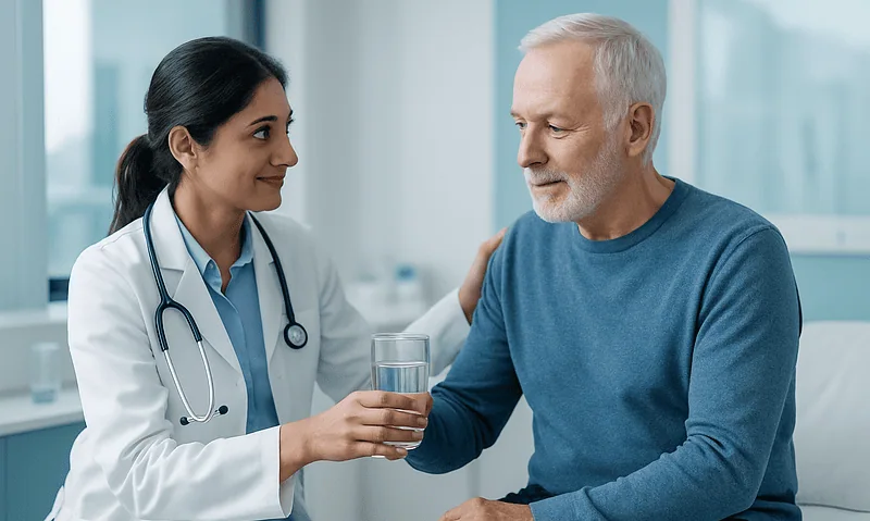Doctor assisting elderly patient with swallowing rehabilitation in hospital.