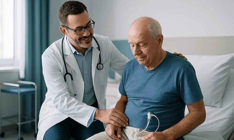 Doctor consulting with elderly patient with nephrostomy tube in hospital room.