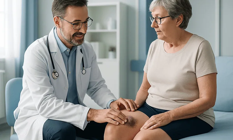 Doctor examining a patient's knee with a bruise or hematoma.