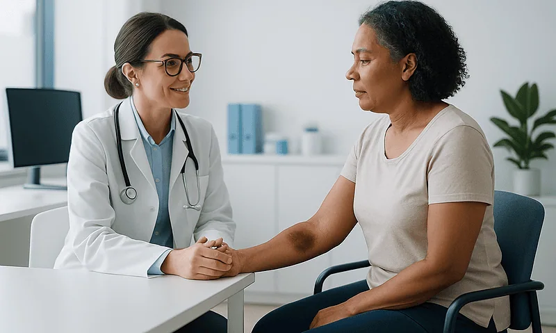 Doctor consulting with a patient about hematoma and bruise symptoms.