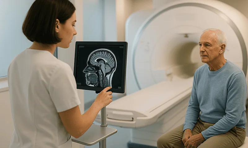 Neurologist discusses brain MRI scan with patient in hospital setting.