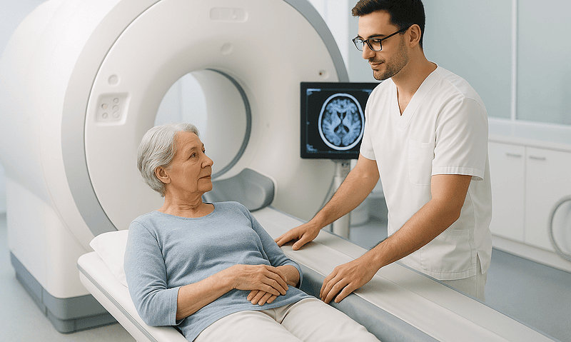Medical professional consulting elderly woman before MRI scan at hospital.