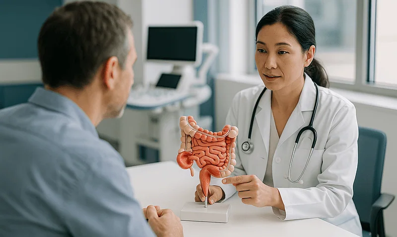 Doctor explaining colon health to patient with a model of the human intestine.