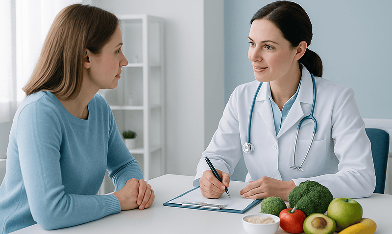 Doctor consulting a woman about health and nutrition in a medical office.