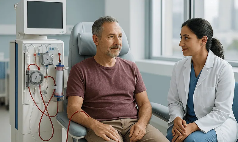 Patient undergoing hemodialysis treatment with medical staff in hospital.
