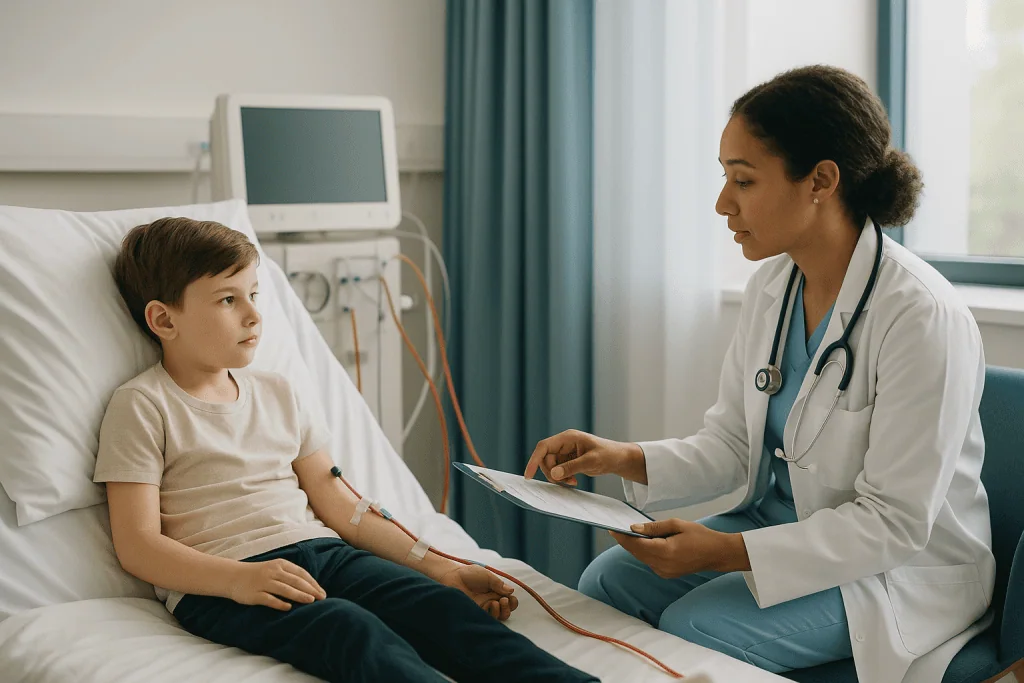 Doctor consulting child patient in hospital bed: Hemodialysis or peritoneal dialysis: which one will my child have?