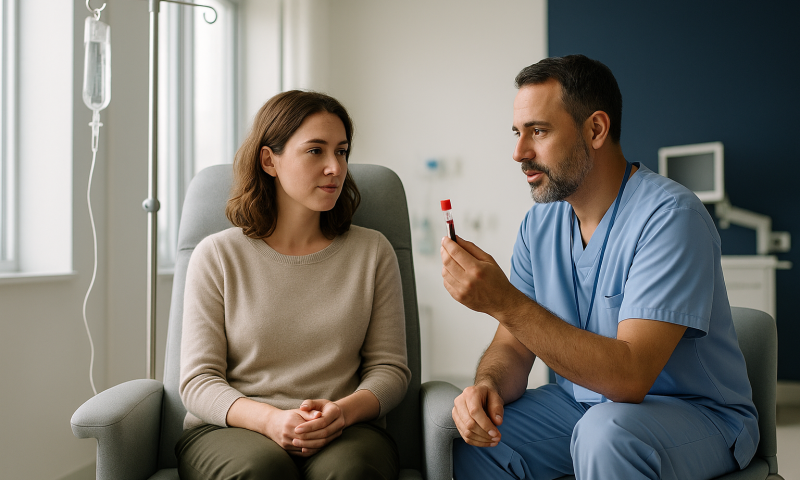 Doctor explaining blood test results to a patient in a hospital room.