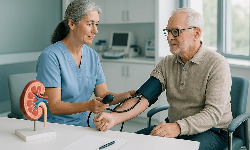 Doctor measuring blood pressure of senior male patient in clinic.