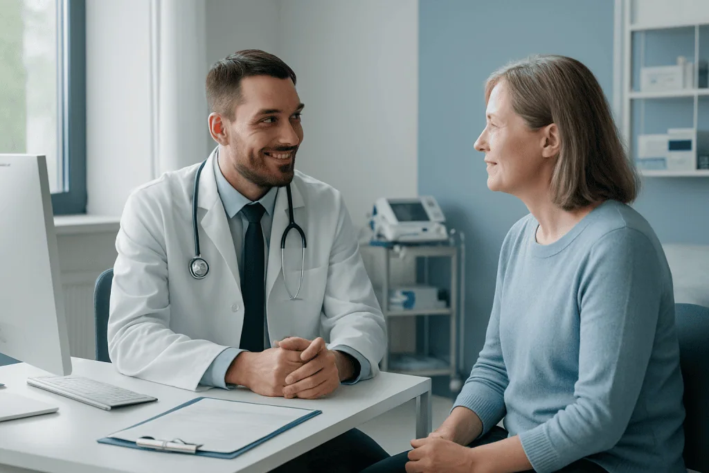Hemolytic Uremic 1 Doctor consulting with an elderly female patient in a hospital setting.