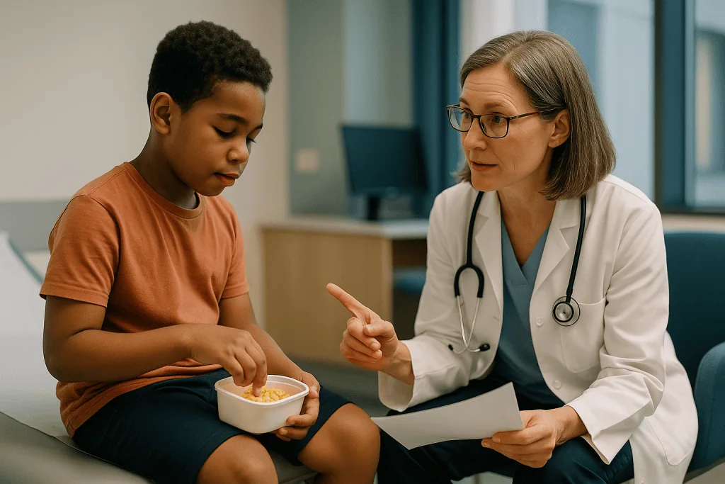 Doctor consulting child patient about nutrition or diet: Hemophilia prophylaxis vs on-demand: who is usually offered regular