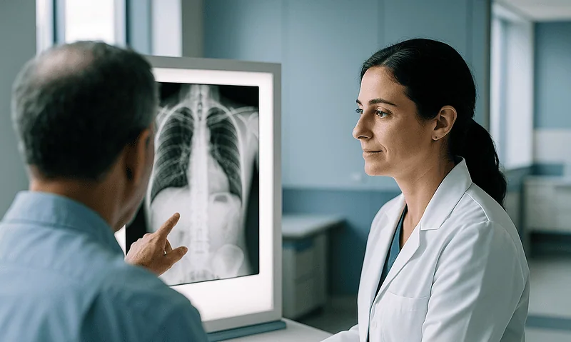 Doctor reviewing chest X-ray in a medical consultation room.