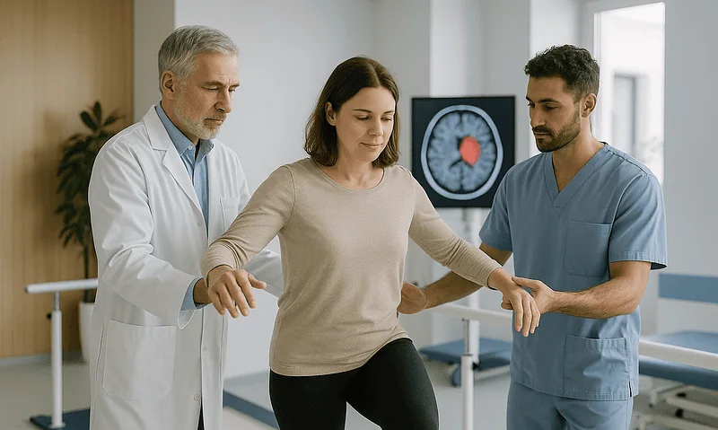 Medical team assisting a patient in a hospital setting for stroke rehabilitation.