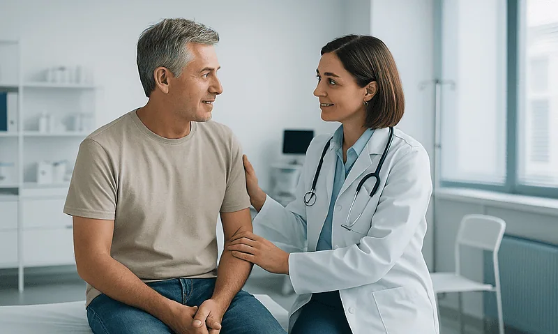 Doctor consulting with a male patient in a medical office.