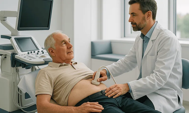 Doctor performing an ultrasound examination on an elderly male patient in a hospital.