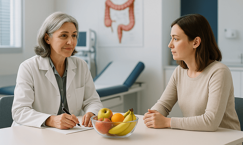 Doctor consulting a patient about hemorrhoids treatment in a medical office.