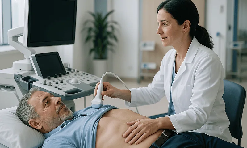 Doctor performing an ultrasound examination on a male patient in a hospital room.