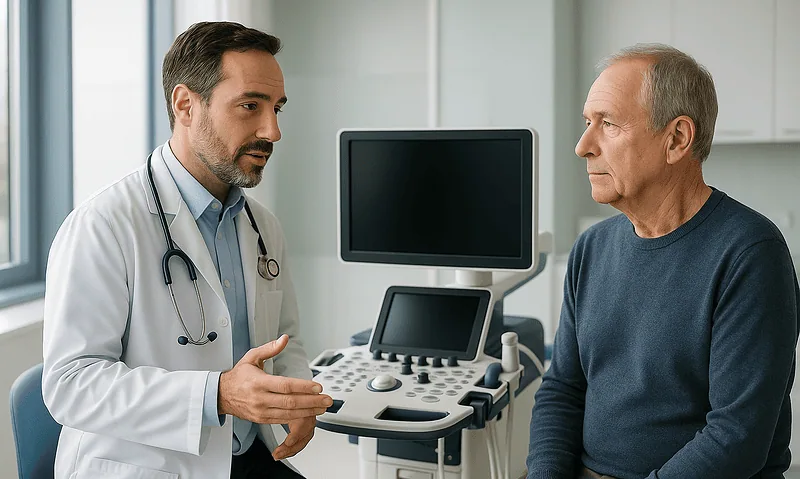 Doctor consulting with an elderly male patient in a medical office.