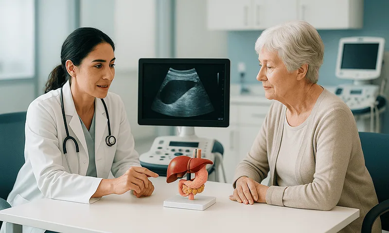 Doctor explaining liver health to elderly woman in medical consultation room.