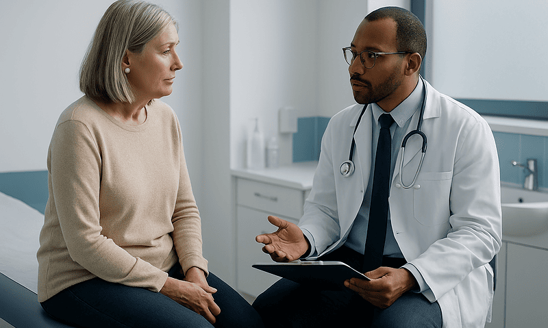 Doctor consulting with an elderly woman in a medical office.
