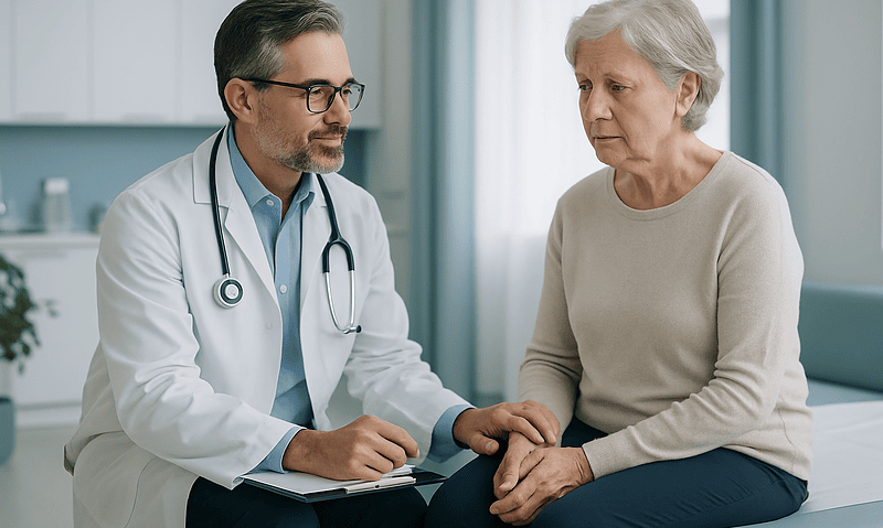 Doctor consulting elderly woman about health concerns in clinic.
