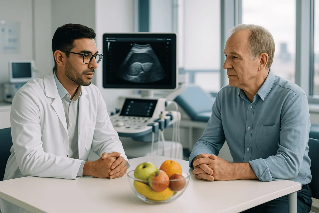 Hepatitis B 1 Doctor discussing hepatitis B with patient in medical consultation room.