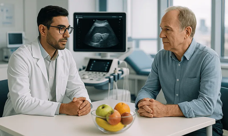 Doctor discussing hepatitis B with patient in medical consultation room.