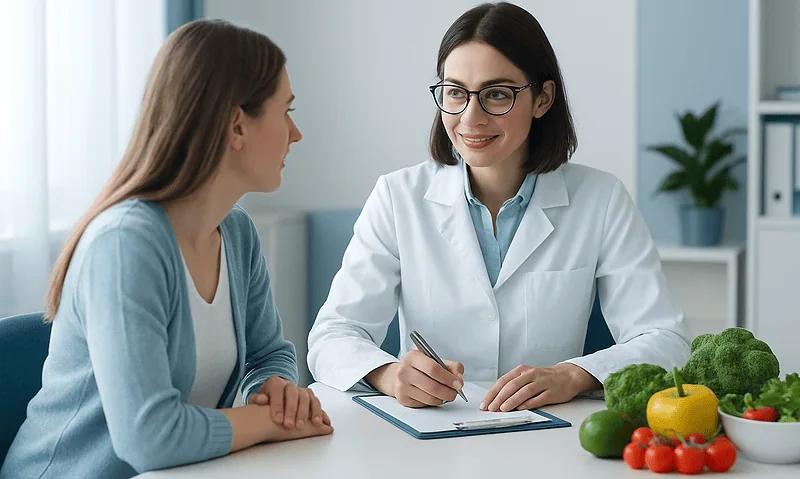 Doctor consulting patient about healthy diet and nutrition.